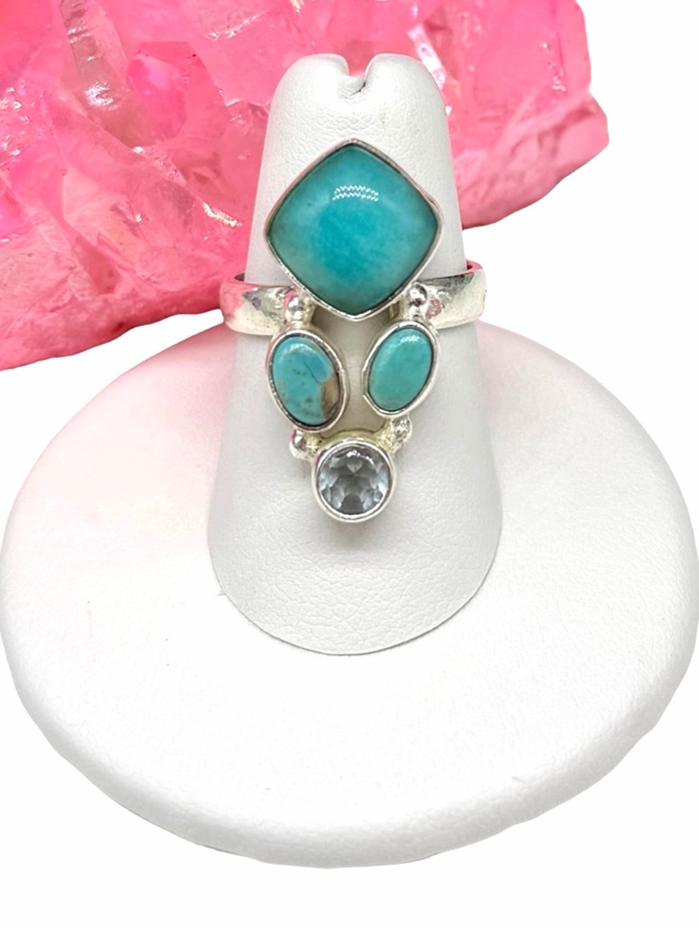 Mohave Turquoise & Blue Topaz Ring Size 6.5 Solid 925 Sterling Silver
